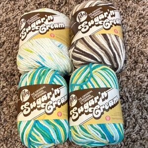 Lily Sugar'n Cream Yarn Collection-Blue, Green,White,Brown-Lily Cotton-4 pieces